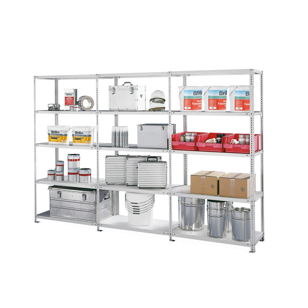Image of Beliebig erweiterbar und schnell montiert Das Komplettpaket Fachbodenregal META Schraubsystem, Fachlast 100 kg, verzinkt besteht aus 1 Grund- sowie 2 Anbaufeldern und ist mit 15 stabilen Fachböden ausgestattet. Die robuste Stahlkonstruktion ist verzinkt u