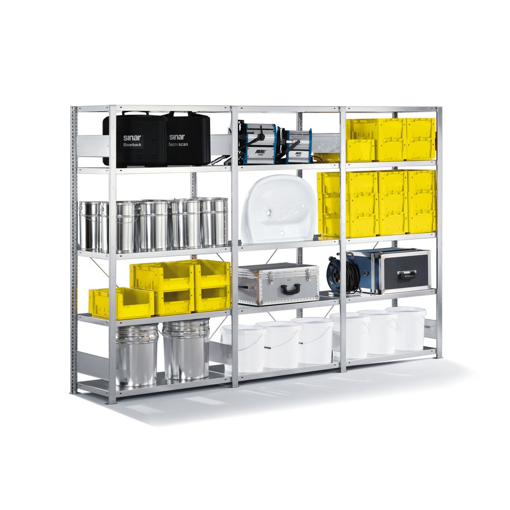 Image of Mit beliebig in der Höhe verstellbaren Fachböden Dieses Komplettpaket Fachbodenregal META besteht aus 1 Grund- und 2 Anbaufeldern, dadurch bietet es optimalen Stauraum an seinem Einsatzort. Eine leichte Montage des Fachbodenregals von META ist durch das e