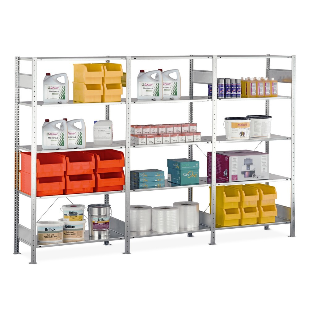 Image of Regalsystem im Komplettpaket: Viel Stauraum auf 3 Regalfeldern Einfache Fachbodenregale bilden in zahlreichen Unternehmen die Grundlage jedes Lagersystems. Sie können mit ihren zahlreichen Variationen individuell an sämtliche Raumformen angepasst und jede
