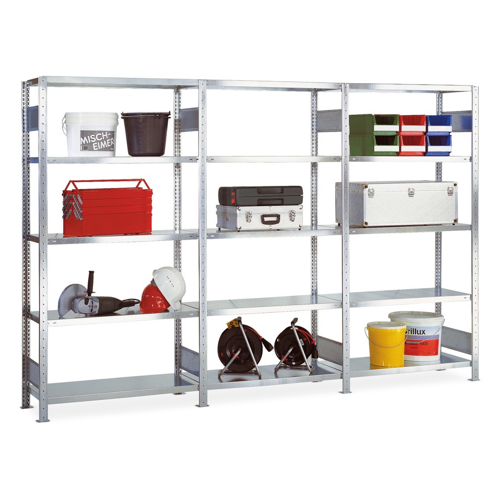 Image of Robust und flexibel im Auf- und Umbau – das Fachbodenregal Komplettpaket, 3 Felder Dieses Steckregal mit 3 Feldern dient Ihnen zur Lagerung leichter bis mittelschwerer Lasten in Betrieb, Werkstatt und Lager. Bei Bedarf können Sie das Stahlblechregal durch