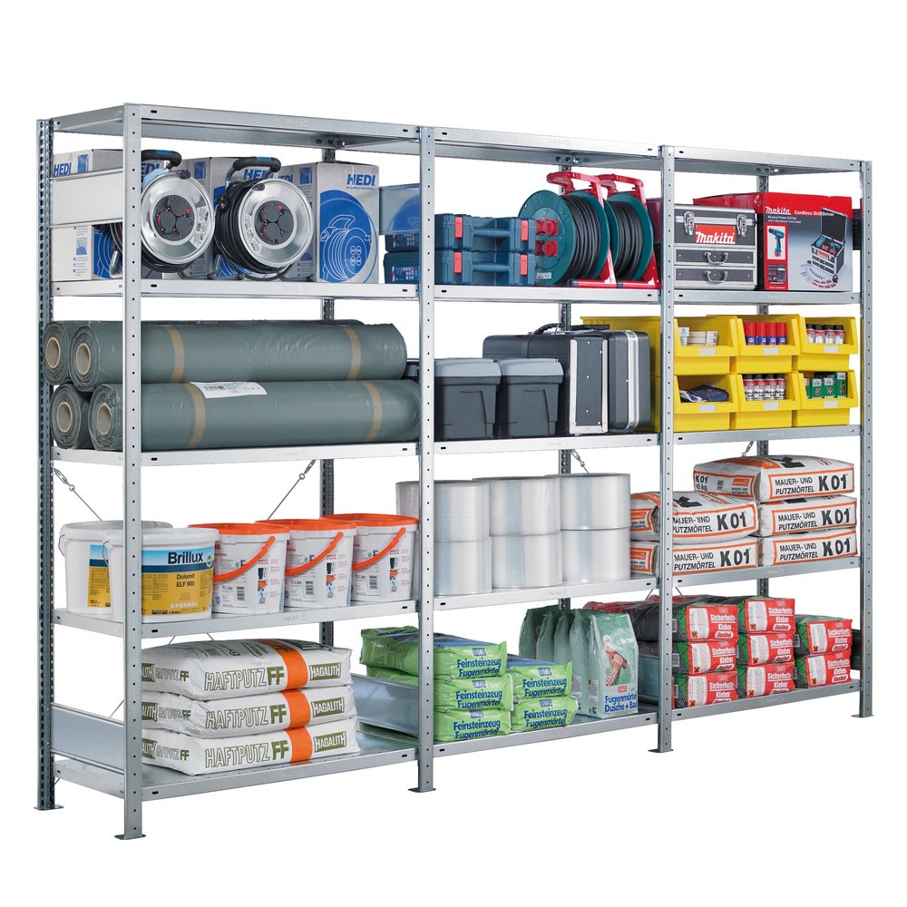 Image of Fachbodenregal Komplettpaket mit Stecksystem für Höchstbelastungen Dieses Steckregal aus Metall leistet echte Spitzenarbeit – und zwar über Jahre. Sowohl das Material als auch die Konstruktion halten hohen Belastungen stand. Gleichzeitig erweist sich das 