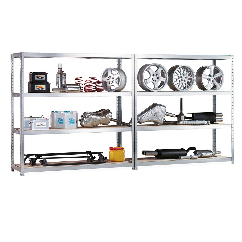 Image of Weitspannregal von META für sperrige Ladegüter Das Komplettpaket Weitspannregal META, bestehend aus 2 Grundfeldern mit Spanplatten ist durch die grossflächigen Fächer besonders für die Lagerung sperriger oder schwerer Güter geeignet. Die robuste Stahlkons