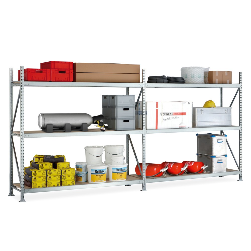 Image of Weitspannregal für grosses und schweres Einzelgut Das Komplettpaket Weitspannregal META, mit Spanplatten, Fachlast 600 kg ist durch die grossflächigen Fächer besonders für die Lagerung sperriger oder schwerer Güter geeignet. Das Weitspannregal besteht aus