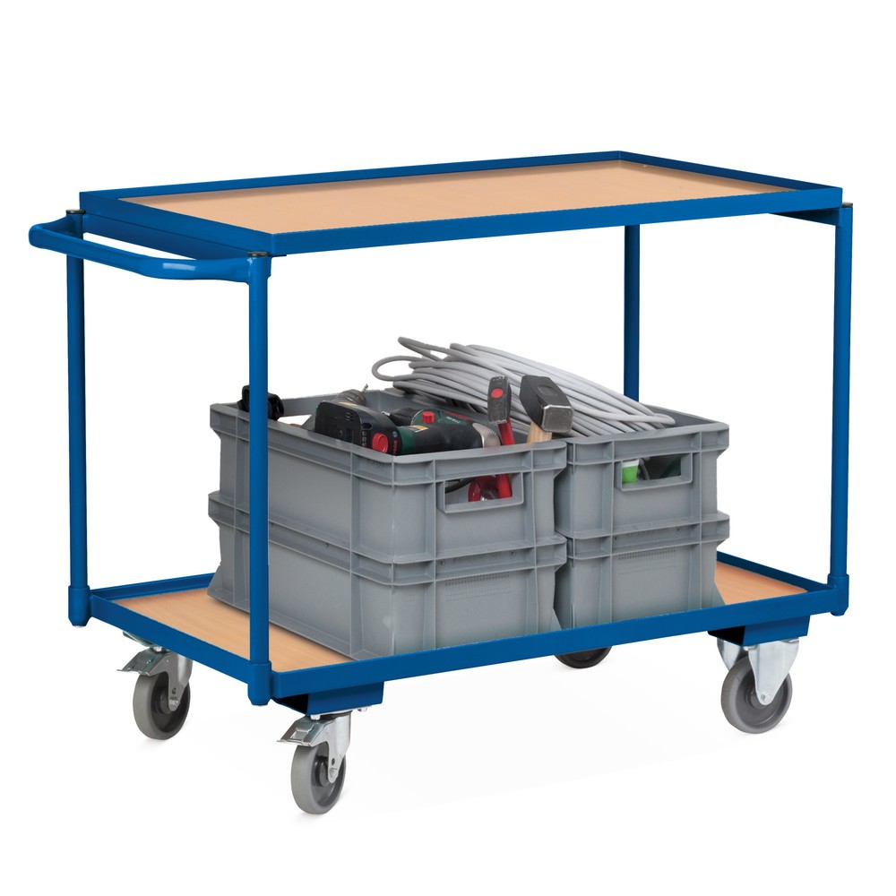 Image of Leichter Regalwagen als mobile Arbeits-, Lager- und Transportfläche Der leichte Tischwagen VARIOfit®, 2 Etagen beeindruckt auf mehreren Ebenen: ob bei kleineren Arbeiten auf der Tischfläche, Transporten oder beim Lagern von Material. Das Stahlgerüst des W
