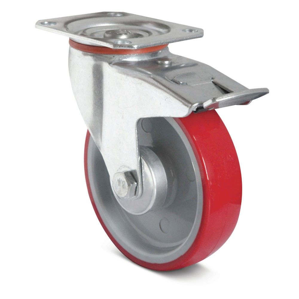 Image of Spurlos und mit sehr geringem Rollwiderstand Die Lenkrolle PU BASIC inkl. Feststeller besteht aus Polyurethan, einem Kunststoff mit vielen Vorteilen. Durch die Elastizität ist er stossfest und kann zudem gut belastet werden. Die chemische Beständigkeit is