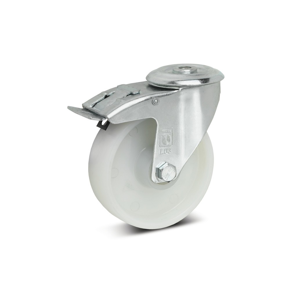Image of Mit hoher Verschleissfestigkeit und einem sehr geringen Rollwiderstand Die Lenkrolle Wicke Polyamid mit Stahlblech-Gehäuse inkl. Feststeller hat neben dem stabilen Stahlblech auch eine Lauffläche mit einer hohen Härte und ist bruchsicher. Sie kann Gewicht