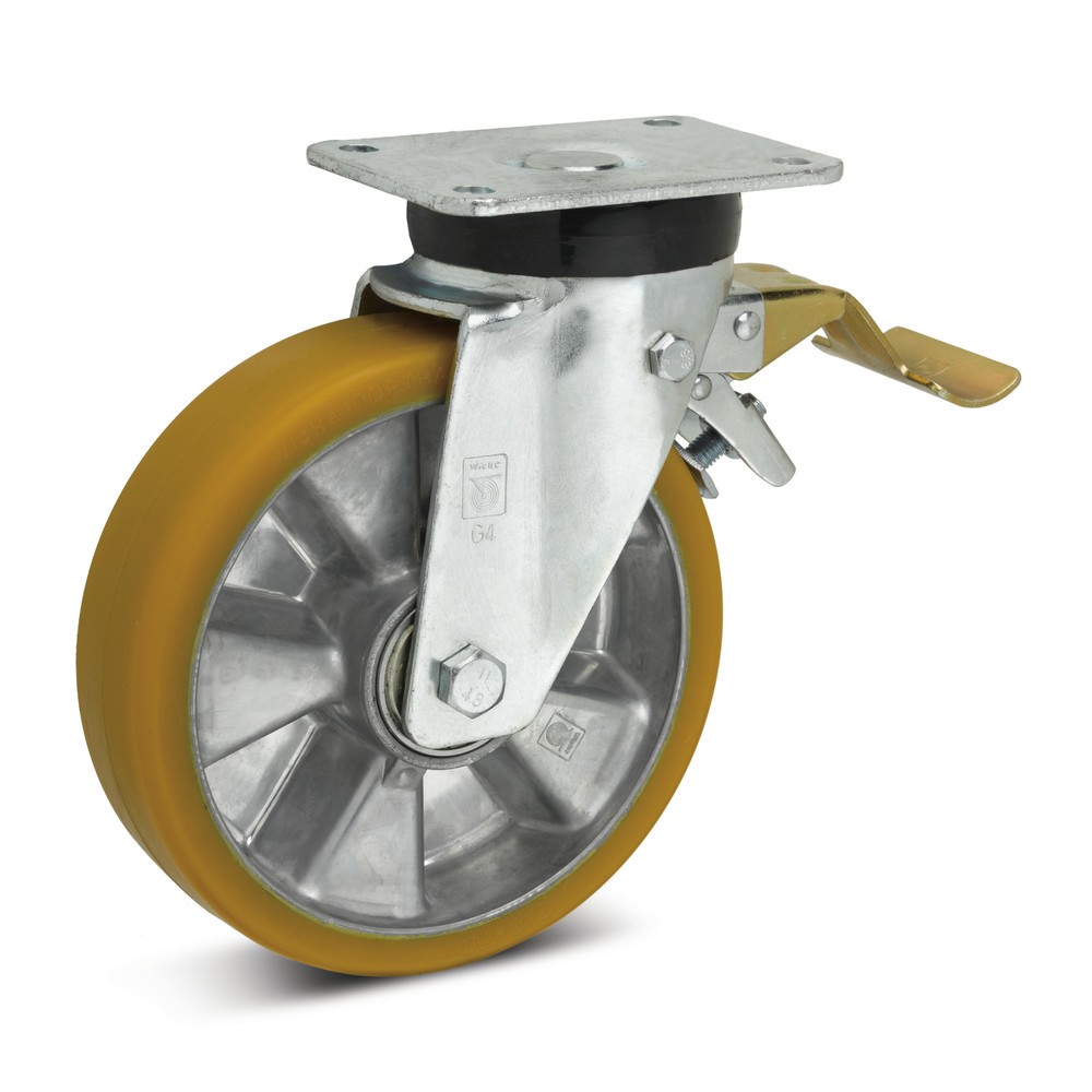 Image of Hohe Elastizität und herausragende Verschleissfestigkeit Die Elastizität der Lenkrolle Wicke Topthane® PU inkl. Feststeller im Vorlauf ist nur einer von vielen Vorteilen. Durch diese ist er stossfest und auch für unebene Böden hervorragend geeignet. Ausse