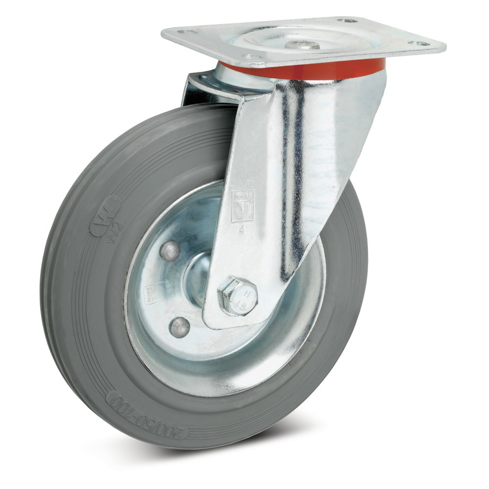 Image of  Masse Rad-Ø x B mm: 200 x 50; Tragkraft kg: 205; Bauhöhe mm: 235; Plattenmass mm: 135 x 114; Lochabstand mm: 105 x 75/80; Schraubloch-Ø mm: 11; Ausladung mm: 54; Achsloch-Ø / Nabenlänge mm: 20 / 60; Temperaturbeständig: von -5°C bis +60°C; Gehäuse: Stahl