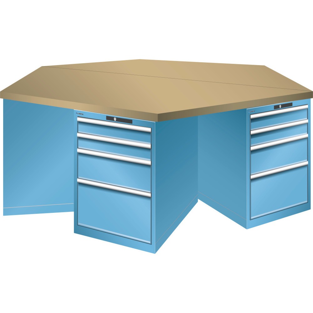 Image of  Anzahl Schubladen: 6 x 4LISTA 6-Eck Werkbank 27x36E, (BxTxH) 2500x2165x840mm, 6 x 4 Schubladen, lichtblau, AUTO Lock LISTA 6-Eck Werkbank 27x36E, (BxTxH) 2500x2165x840mm, 6 x 4 Schubladen, lichtblau, AUTO Lock
