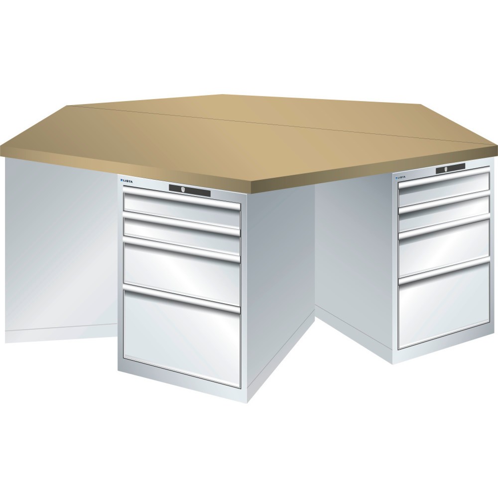 Image of  Anzahl Schubladen: 6 x 4LISTA 6-Eck Werkbank 27x36E, (BxTxH) 2500x2165x840mm, 6 x 4 Schubladen, lichtgrau, AUTO Lock LISTA 6-Eck Werkbank 27x36E, (BxTxH) 2500x2165x840mm, 6 x 4 Schubladen, lichtgrau, AUTO Lock