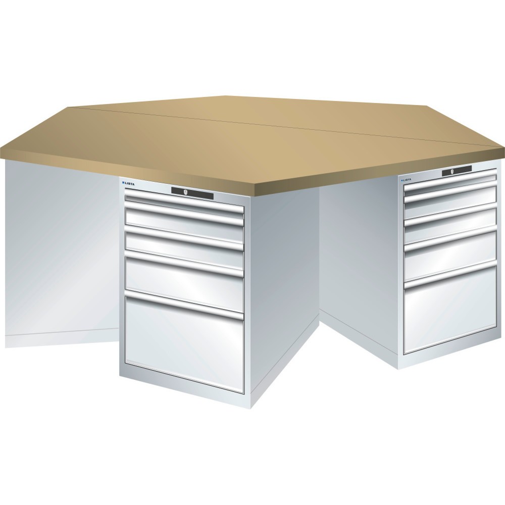 Image of  Anzahl Schubladen: 6 x 5LISTA 6-Eck Werkbank 27x36E, (BxTxH) 2500x2165x840mm, 6 x 5 Schubladen, lichtgrau, AUTO Lock LISTA 6-Eck Werkbank 27x36E, (BxTxH) 2500x2165x840mm, 6 x 5 Schubladen, lichtgrau, AUTO Lock