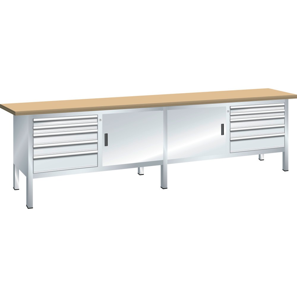 Image of Feste Werkfläche für sauberes Arbeiten: die LISTA Kompaktwerkbank mit strapazierfähiger Multiplex-Platte Die Profi-Werkbank aus dem Hause LISTA bietet Ihnen mit 10 Schubfächern inkl. 100-%-Auszug übersichtlichen und gut erreichbaren Platz für Bohrmaschine