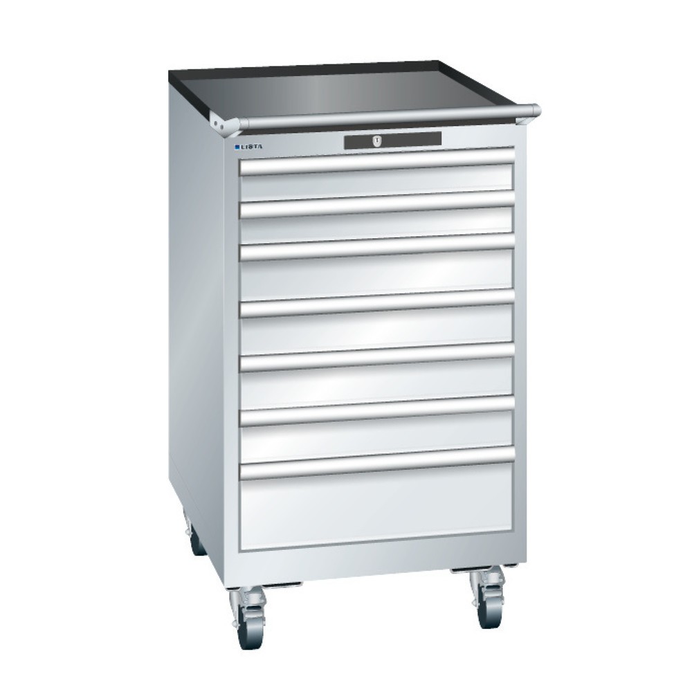 Image of Stauraum maximal ausnutzen durch Vollauszug-Schubladen Der mobile Schubladenschrank LISTA ermöglicht Ihnen die maximale Ausnutzung des Stauraums. Er verfügt über insgesamt 7 Schubladen. Die Schubfächer lassen sich variabel einteilen und mithilfe einer hoc