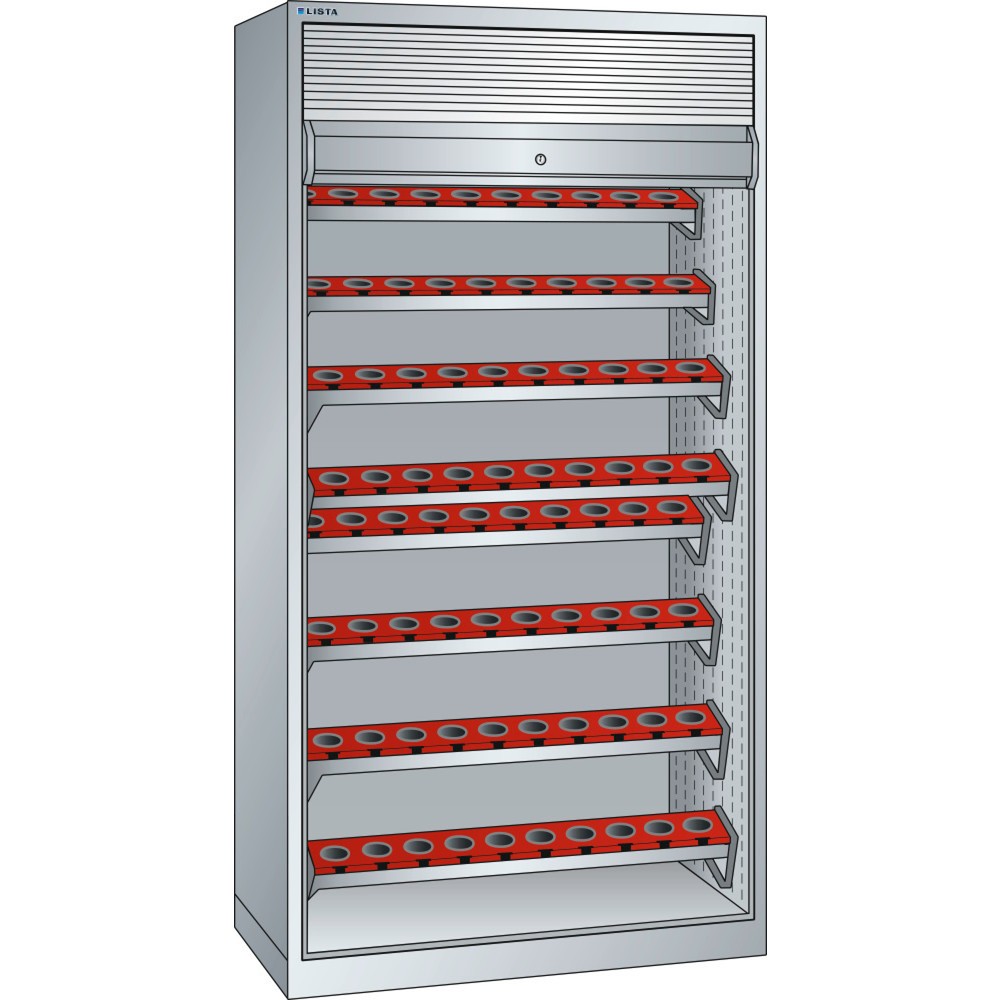 Image of Der LISTA NC-Schrank in Profi-Qualität – vom europäischen Marktführer für Betriebsausstattung In dem LISTA NC-Schrank mit HSK-Werkzeughalter lagern Sie grosse Mengen Zerspanungswerkzeug maschinennah und platzsparend. Dafür bietet der Schrank 1.200 kg Gehä