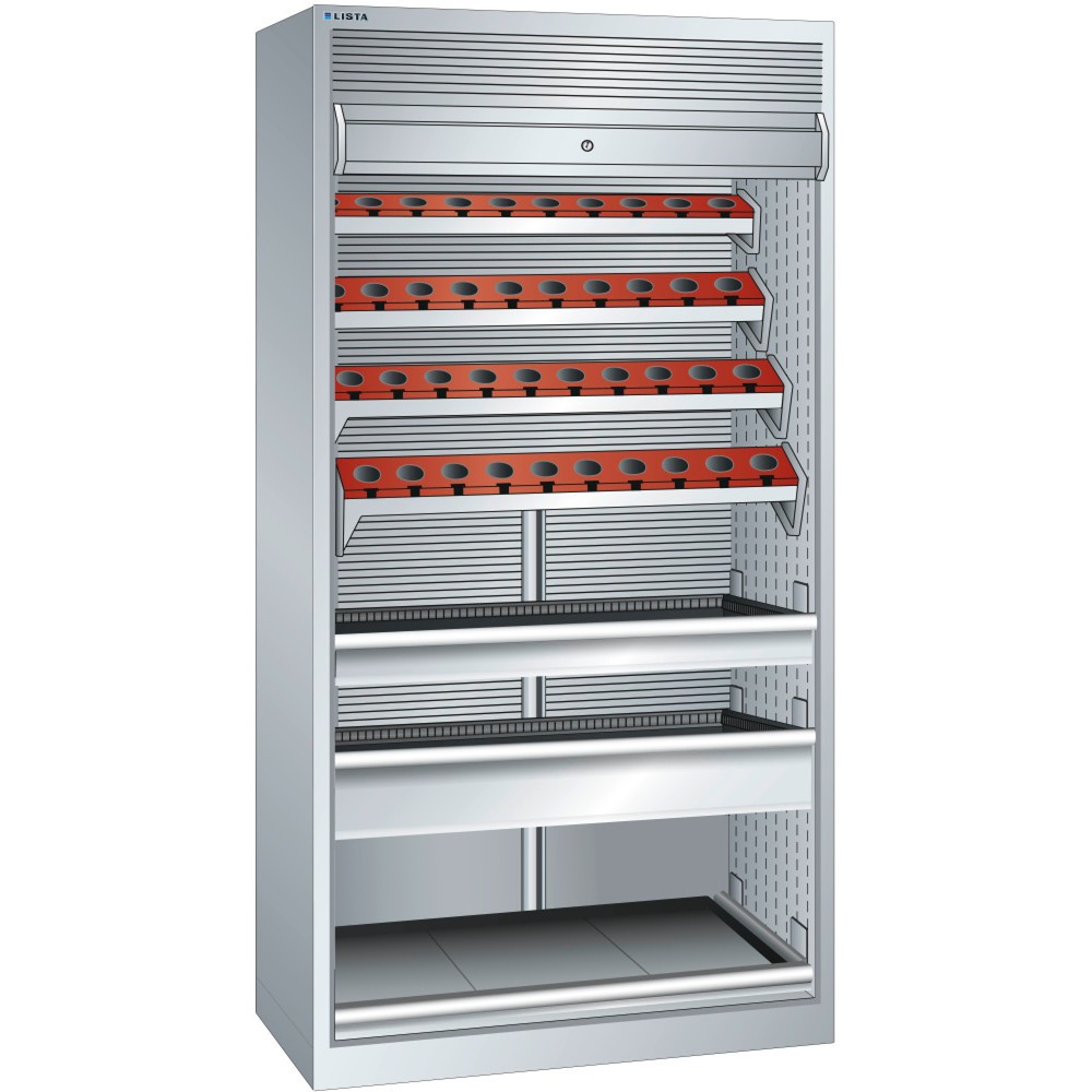 Image of Hochwertig verarbeitet mit 10 Jahren Garantie: der LISTA NC-Schrank In dem LISTA NC-Schrank mit HSK-Werkzeughalter lagern Sie grosse Mengen Zerspanungswerkzeug maschinennah und platzsparend. Dafür bietet der Schrank 1.200 kg Gehäuse-Tragkraft. Die Schubla