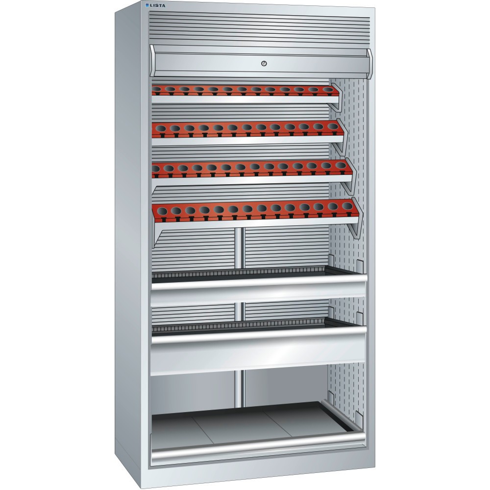 Image of Der LISTA NC-Schrank in Profi-Qualität – vom europäischen Marktführer für Betriebsausstattung In dem LISTA NC-Schrank mit ISO-SK-Werkzeughalter lagern Sie grosse Mengen Zerspanungswerkzeug maschinennah und platzsparend. Dafür bietet der Schrank 1.200 kg G