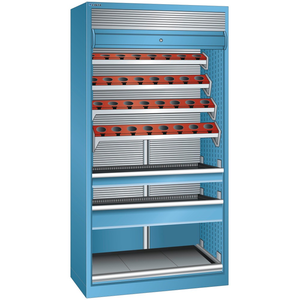 Image of Langlebig konzipiert: der LISTA NC-Schrank „Made in Europe“ mit 10 Jahren Garantie für ein gutes Gefühl In dem LISTA NC-Schrank mit ISO-SK-Werkzeughalter lagern Sie grosse Mengen Zerspanungswerkzeug maschinennah und platzsparend. Dafür bietet der Schrank 
