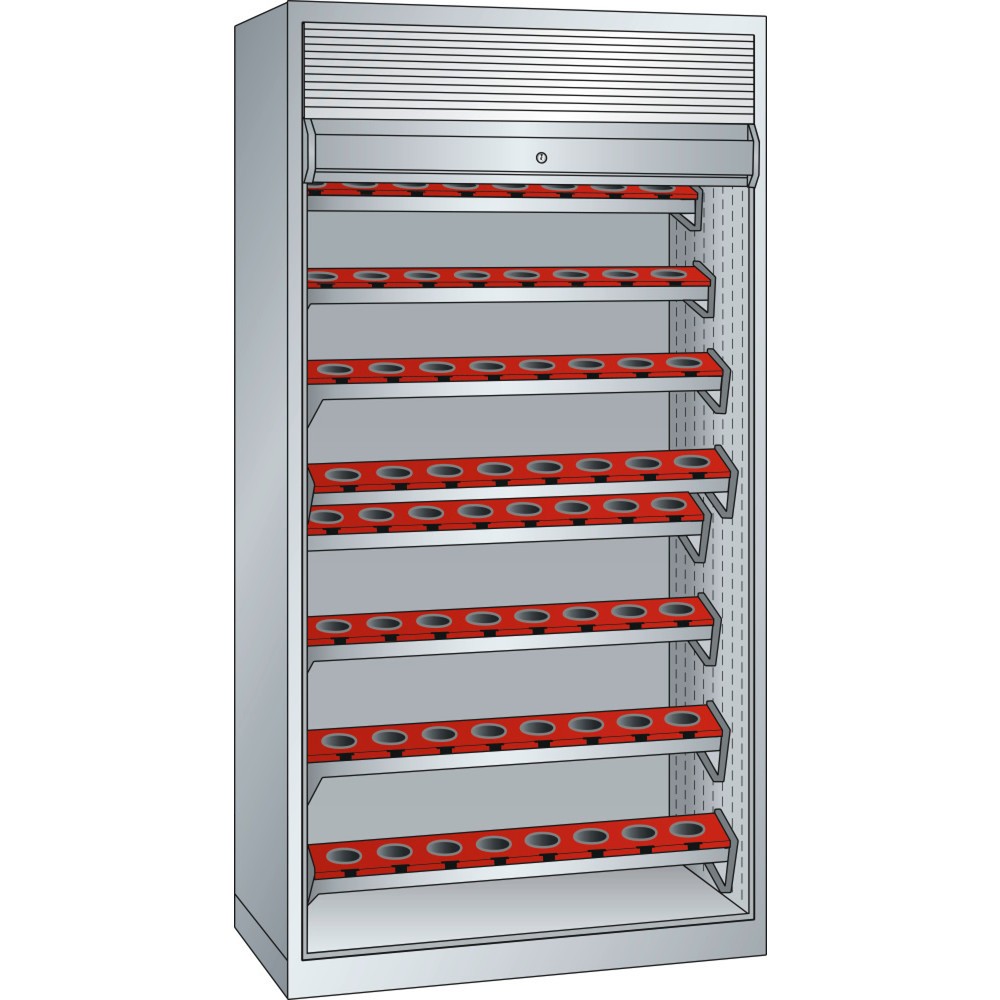Image of Premium-Betriebsausstattung „Made in Europe“: der LISTA NC-Schrank mit 10 Jahren Garantie In dem LISTA NC-Schrank mit ISO-SK-Werkzeughalter lagern Sie grosse Mengen Zerspanungswerkzeug maschinennah und platzsparend. Dafür bietet der Schrank 1.200 kg Gehäu