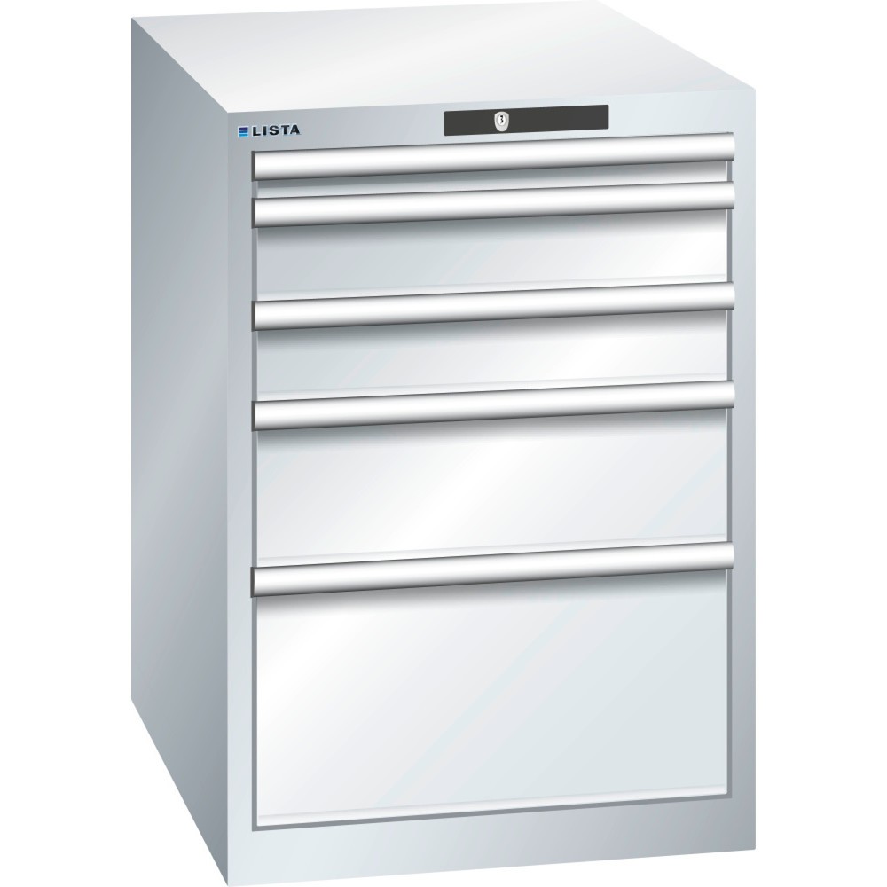 Image of Mit RFID Lock-Schliesssystem vor Diebstahl geschützt: der lichtgraue LISTA Schubladenschrank mit Vollauszügen im Raster 27 x 36 E Der Profi-Schubladenschrank des Herstellers LISTA bietet Ihnen mit 5 Schubfächern viel übersichtlichen und gut sortieren Plat