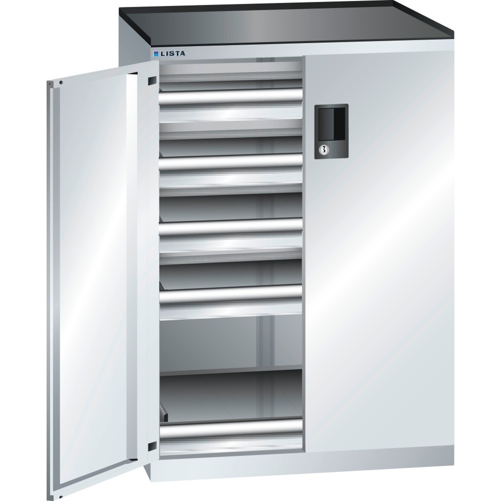 Image of Bequem zugänglich und zugriffsgeschützt: der LISTA Schubladenschrank mit 100-%-Auszügen und CODE Lock Der Profi-Schubladenschrank von LISTA bietet Ihnen mit 5 Schubfächern viel übersichtlichen und gut sortieren Stauraum für Hammer, Zange und Co. – ob in d