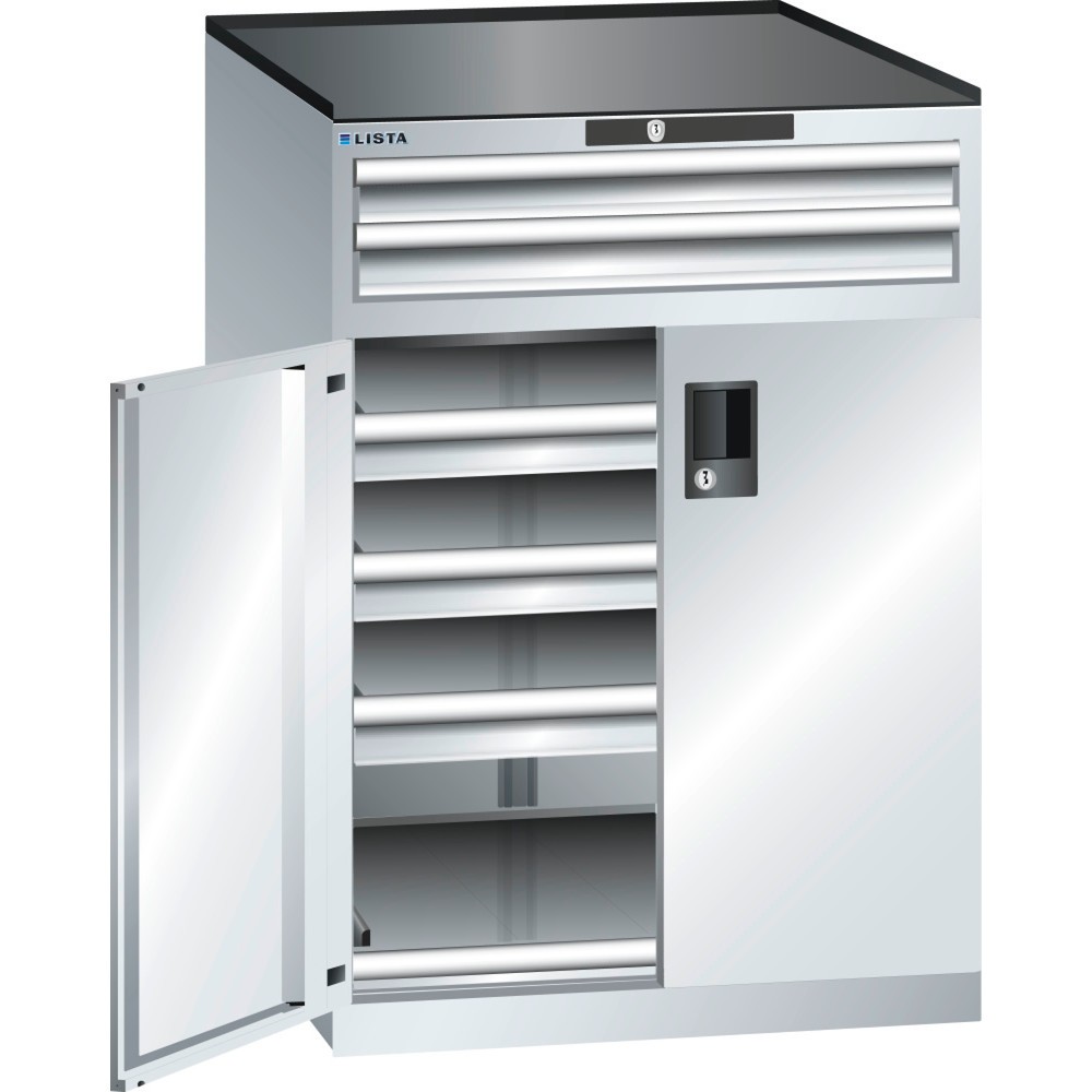 Image of Vollausziehbar und zugriffsgeschützt: Professionelle Werkzeugaufbewahrung im LISTA Schubladenschrank 36 x 36 E mit CODE Lock Der Profi-Schubladenschrank von LISTA bietet Ihnen mit 5 Schubfächern viel übersichtlichen und gut sortieren Stauraum für Hammer, 