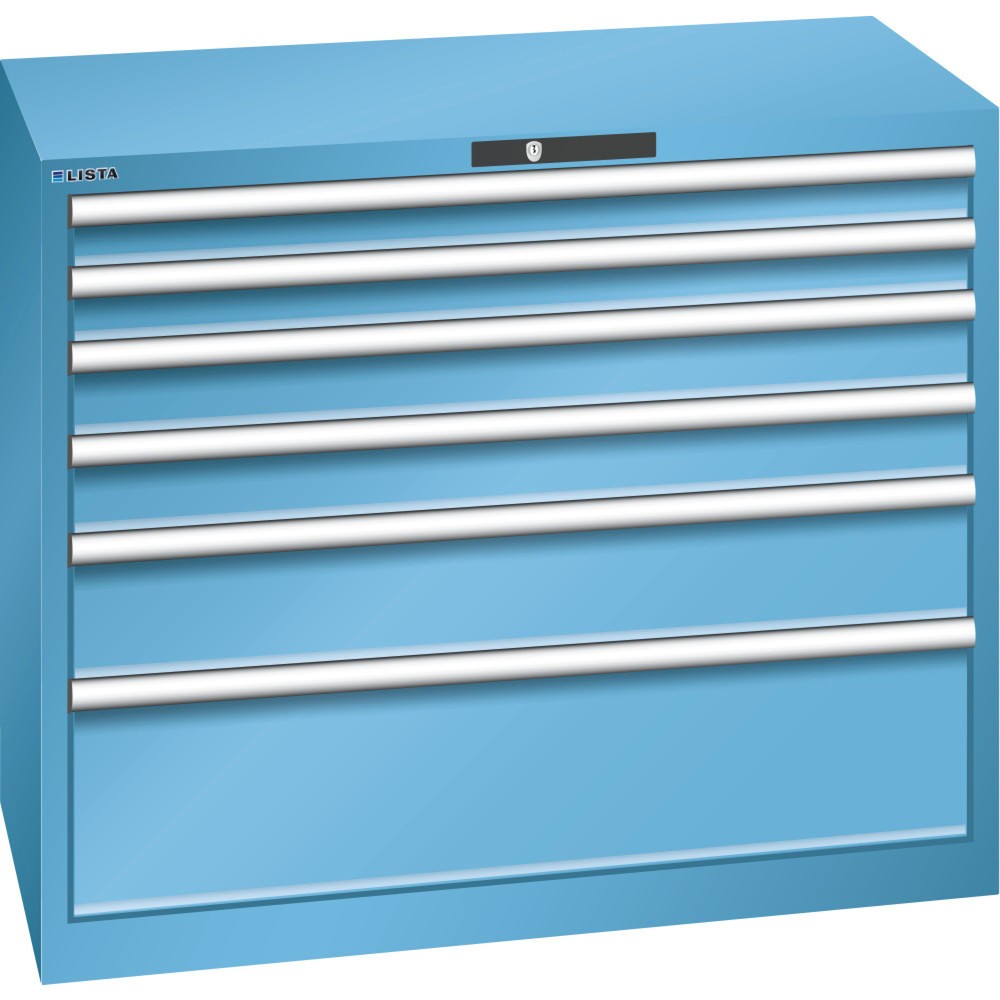Image of Diebstahlgeschützte Werkzeugaufbewahrung mit System: der LISTA Schubladenschrank mit 54 x 27 E und CODE Lock Ob in der Industrie, im Handwerk oder KFZ-Bereich: Der Schubladenschrank von LISTA bietet Ihnen mit 6 Schubfächern viel übersichtlichen und gut so