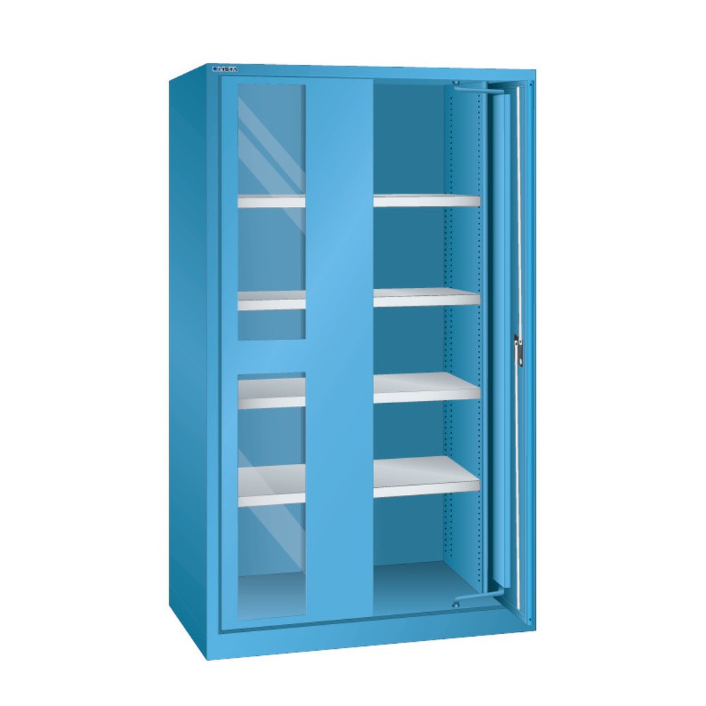 Image of Stahlschrank mit platzsparenden Einschwenktüren und Sichtfenstern Beim Schwerlastschrank LISTA mit Einschwenktüren + Sichtfenster schieben Sie die Türen beim Öffnen vollständig in den Schrankkorpus. Das spart Platz und ermöglicht Ihnen einen komfortablen 