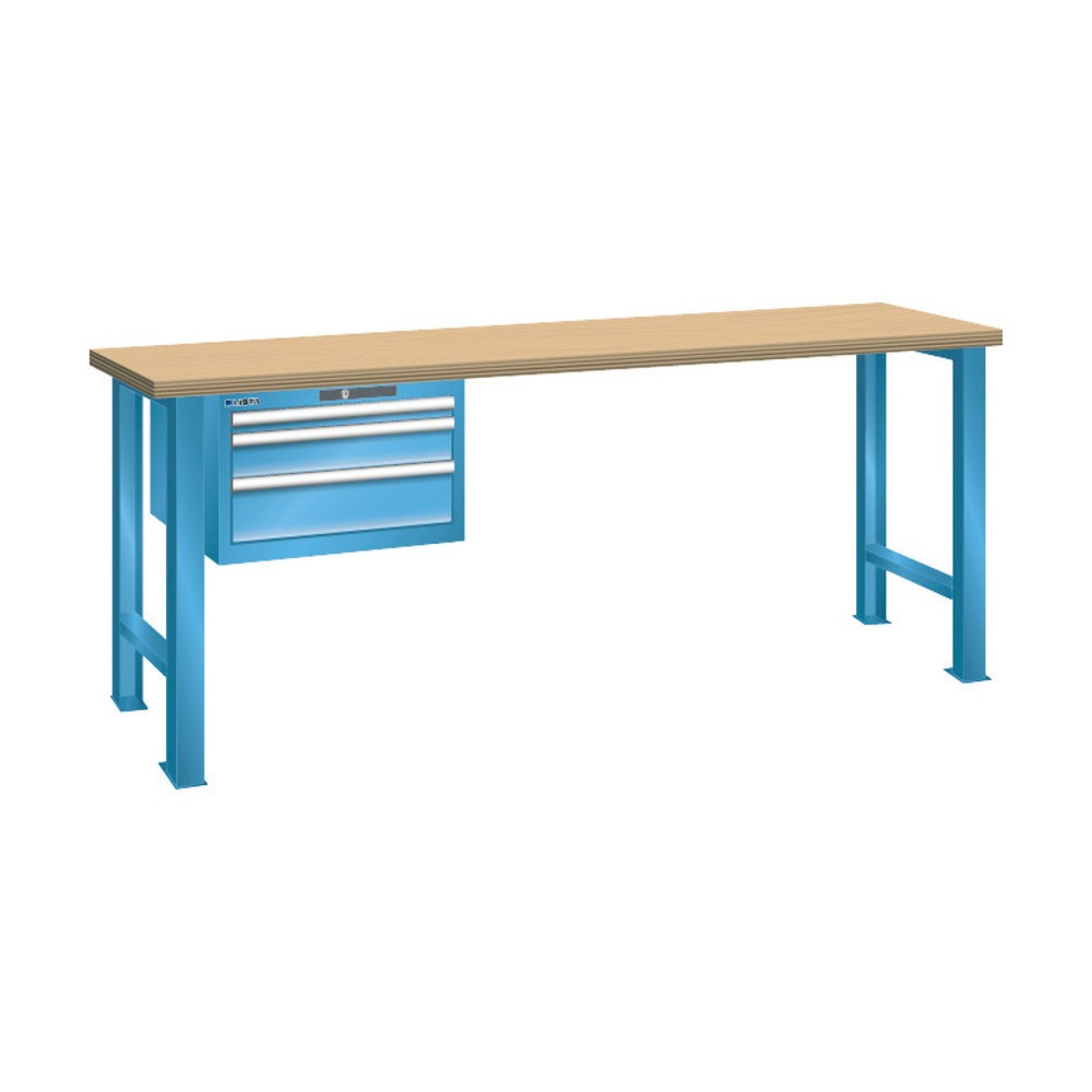 Image of Werkbank LISTA mit 3 Schubladen: hochwertig und belastbar Die Werkbank LISTA mit 3 Schubladen überzeugt als solider Arbeitstisch mit stabilem Untergestell. Die 40 mm-Arbeitsplatte aus schwerem Buche-Multiplex-Holz hat eine geschliffene, geölte und gewachs