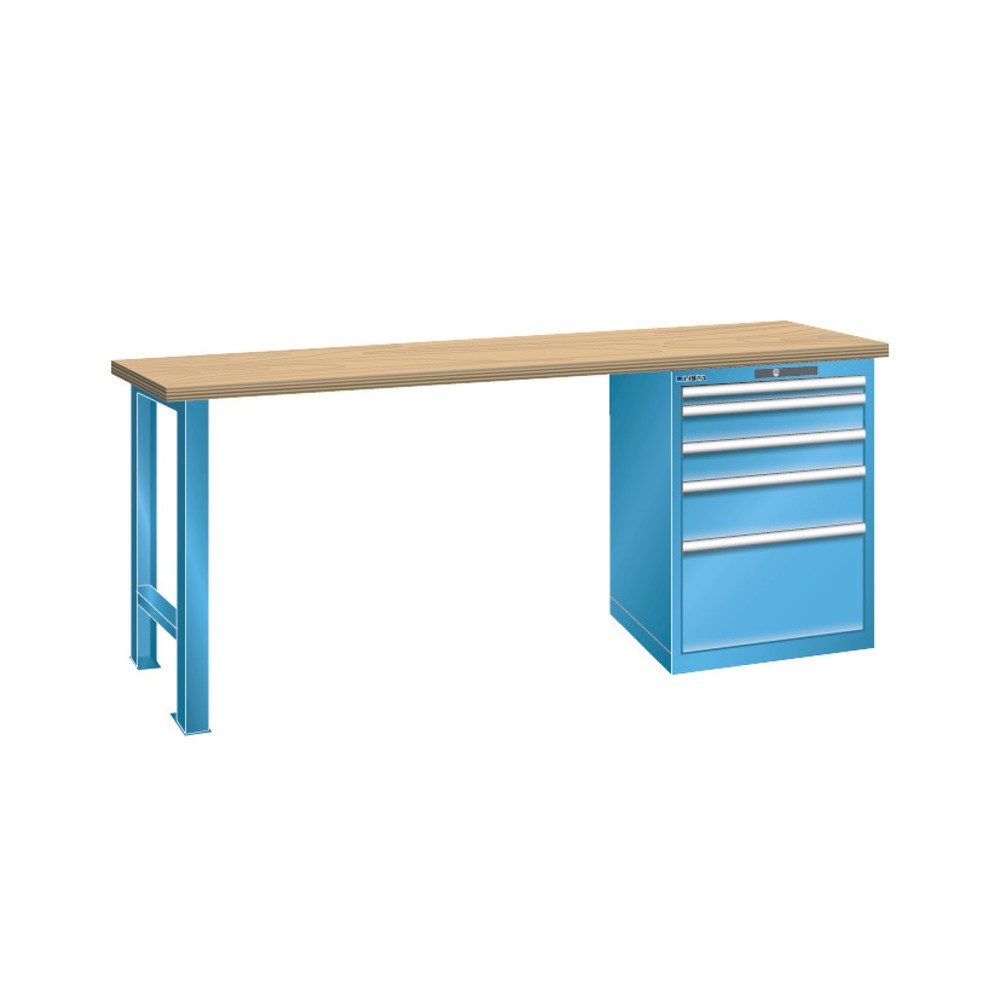 Image of Werkbank LISTA mit 4 Schubladen: hochwertig und belastbar Die Werkbank LISTA mit 4 Schubladen überzeugt als solider Arbeitstisch mit stabilem Untergestell. Die 40 mm-Arbeitsplatte aus schwerem Buche-Multiplex-Holz hat eine geschliffene, geölte und gewachs