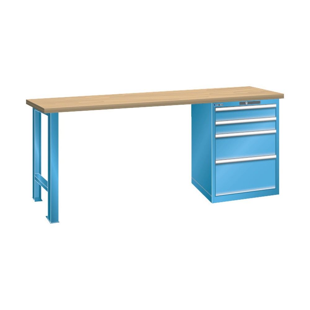 Image of Werkbank LISTA mit 5 Schubladen: hochwertig und belastbar Die Werkbank LISTA mit 5 Schubladen überzeugt als solider Arbeitstisch mit stabilem Untergestell. Die 40 mm-Arbeitsplatte aus schwerem Buche-Multiplex-Holz hat eine geschliffene, geölte und gewachs