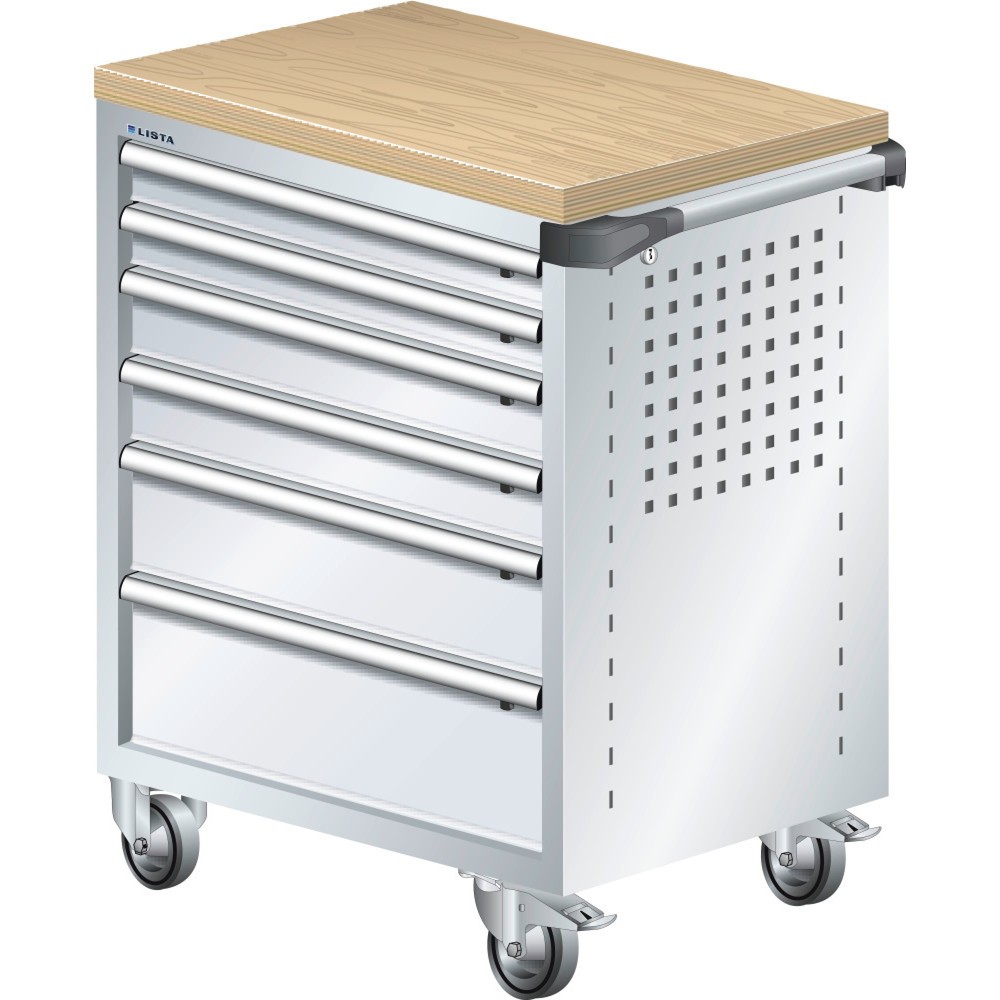 Image of Bequem zugänglich und diebstahlsicher: der LISTA Werkstattwagen mit 100-%-Auszügen und KEY Lock Ob in der Industrie, im Handwerk oder KFZ-Bereich: Der Werkzeugwagen aus dem Hause LISTA bietet Ihnen mit 6 Schubfächern viel übersichtlichen und gut sortierte