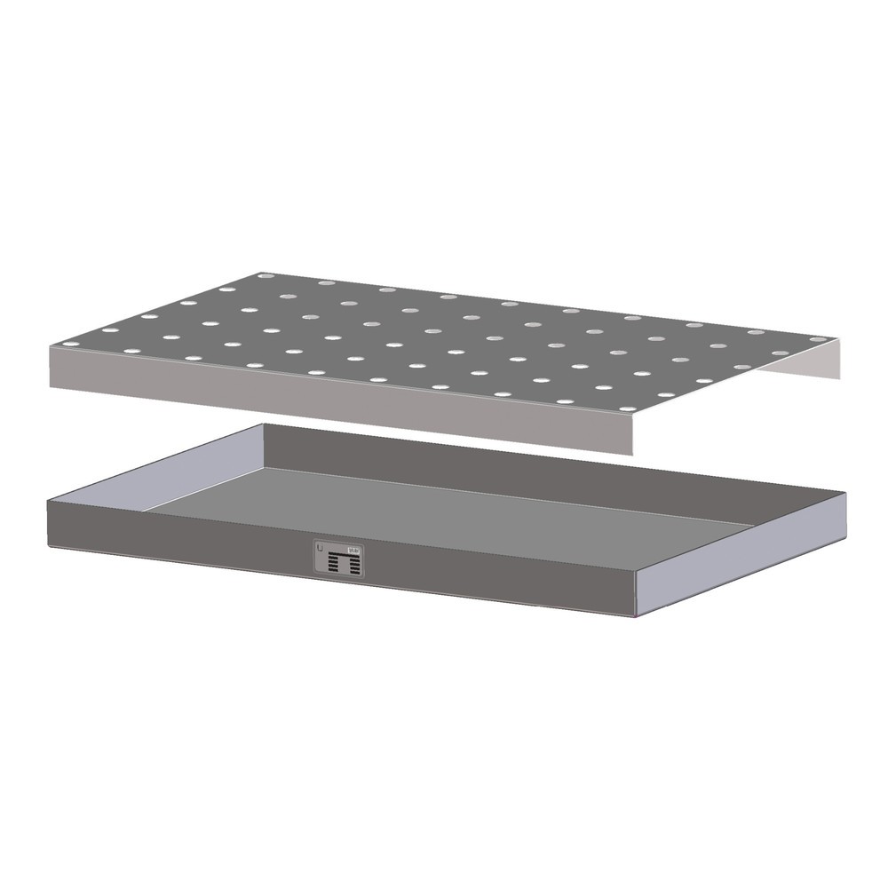 Image of Aus Stahlblech | Mit AblauföffnungenLochblech-Rost für Kleingebinde-Auffangwanne, verzinkt, HxBxT 100 x 800 x 1.200 mm Lochblech-Rost für Kleingebinde-Auffangwanne, verzinkt, HxBxT 100 x 800 x 1.200 mm