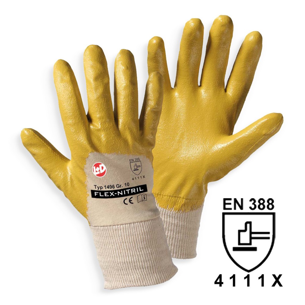Image of Mechanische Schutzhandschuhe Flex Profi für mehr Grip Nitril-Handschuhe für grobe Arbeiten schützen Ihre Hände vor Wasser und anderen Flüssigkeiten. Teile des Baumwoll-Handrückens sind nicht beschichtet, um die Atmungsaktivität zu gewährleisten. Mechanisc
