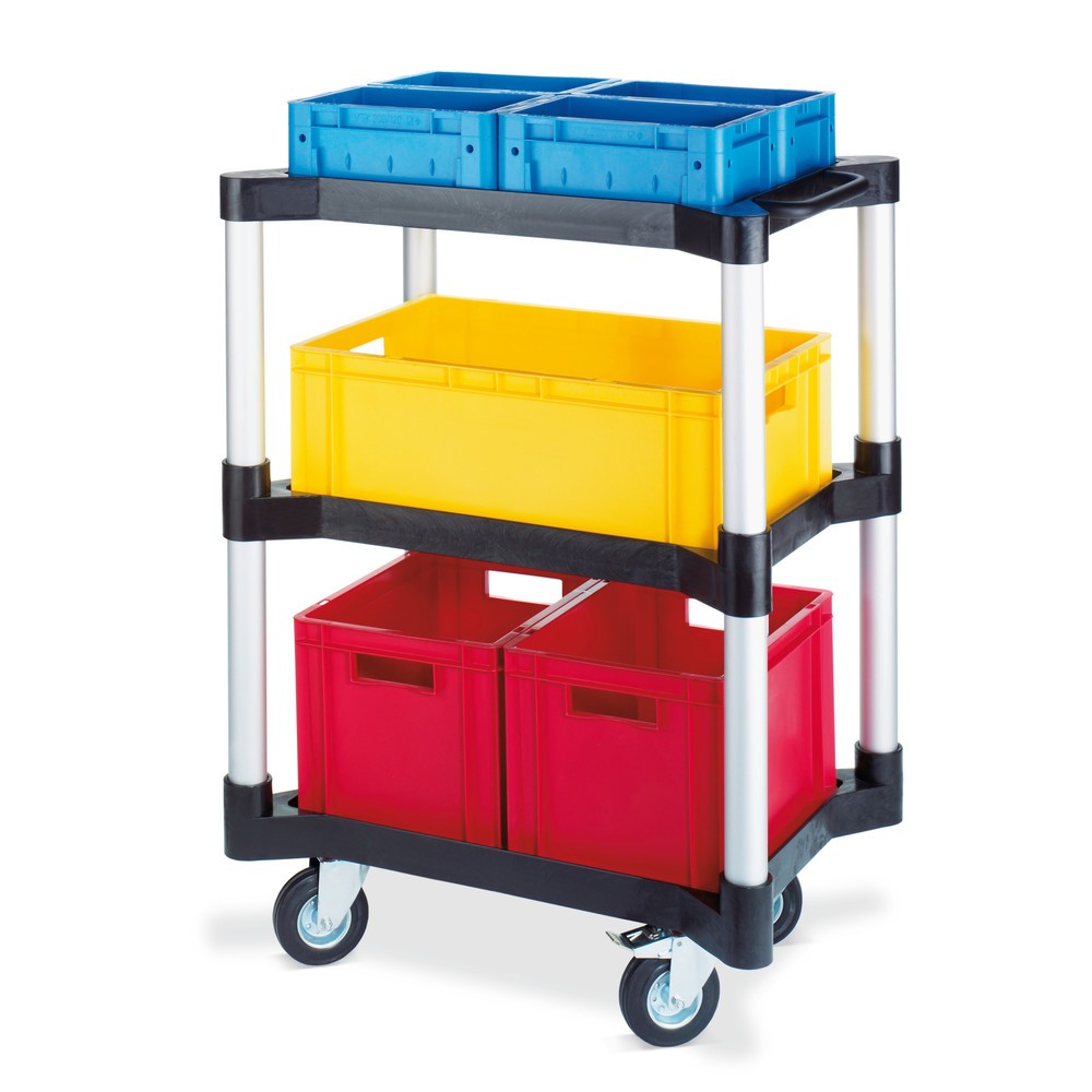 Image of  Material: Polyethylen, eloxiertes Aluminium; Tragkraft kg: 125; Aussenmasse LxBxH cm: 71,3 x 53,5 x 91,3; Nutzfläche je Etage LxB cm: 60,4 x 40,4; Höhe Ablagerand cm: 3; Gewicht kg: 13,2; Rad-Durchmesser cm: 12,5; Farbe: schwarz-silbernMehrzweckwagen mit