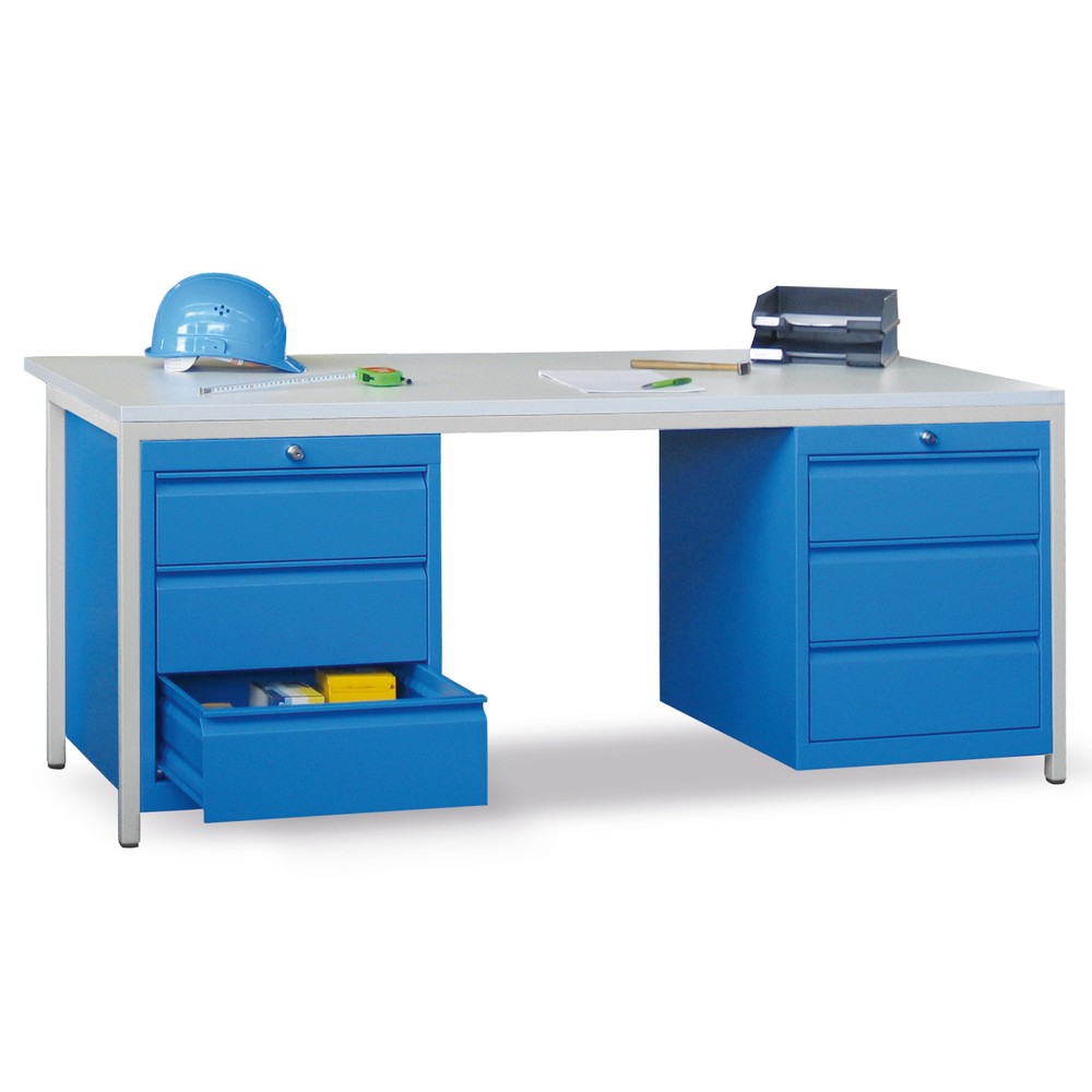 Image of Meisterschreibtisch PAVOY mit oder ohne Schubladen Dieser Arbeitstisch für die Werkstatt besteht aus einem stabilen Gestell aus pulverbeschichtetem Quadratrohr mit Niveau-Ausgleichsschrauben an den Füssen. Die Arbeitsplatte ist melaminharzbeschichtet und 