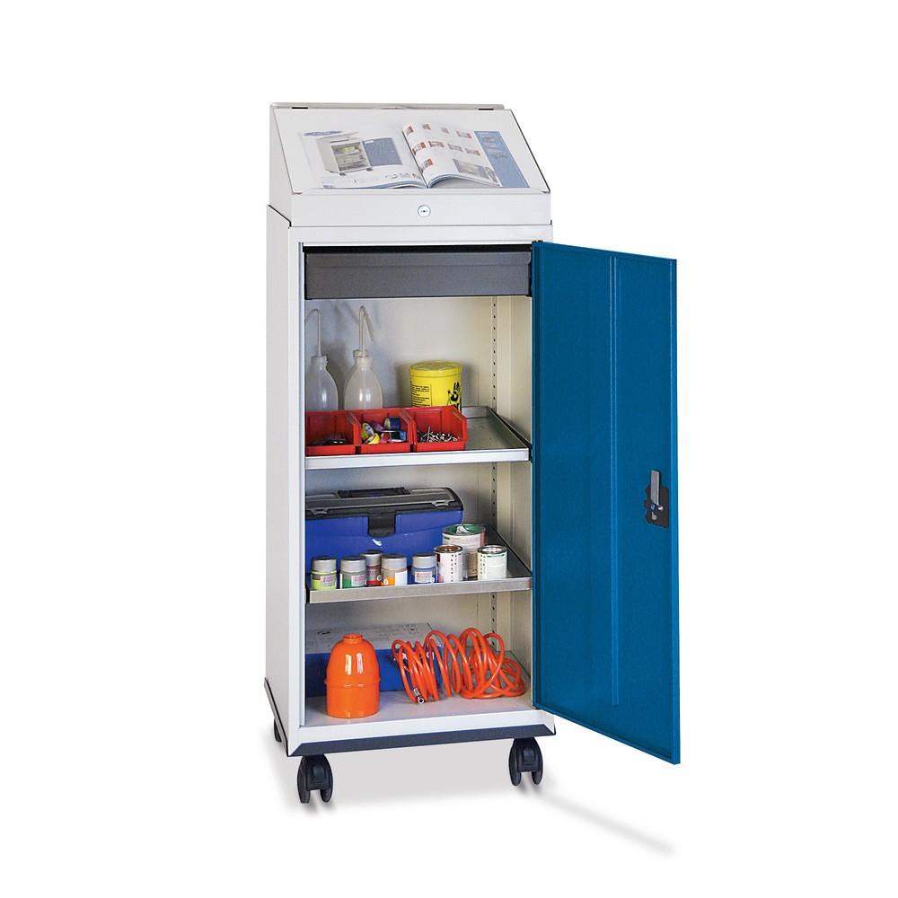 Image of Flexibel zu jedem Einsatzort In diesem mobilen Werkstatt-Flügeltürschrank stumpf® mit Schreibpult finden Gegenstände unterschiedlichster Grösse und Beschaffenheit den richtigen Platz. Der Korpus besteht aus einer robusten Qualitätsstahlblech-Konstruktion 
