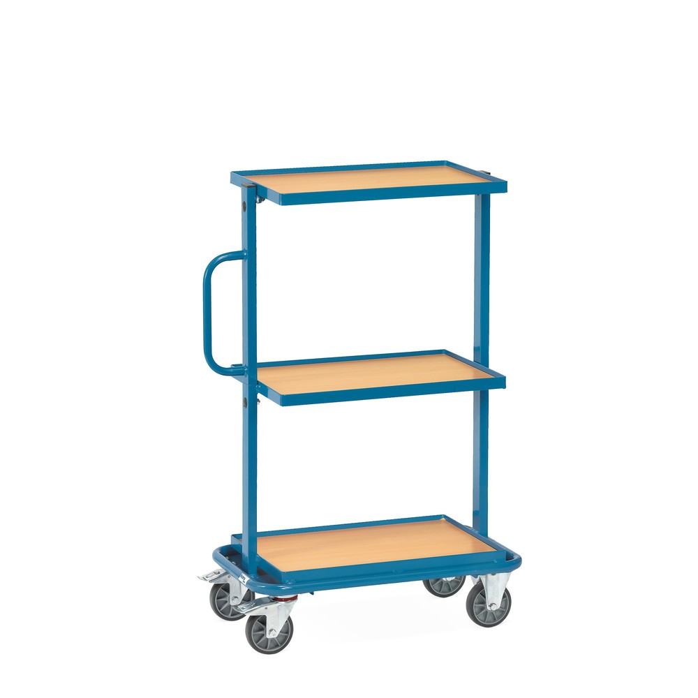 Image of Montagewagen fetra® mit Holzwerkstoffplatten Dieser pulverbeschichtete Montagewagen ist aus robustem Stahlrohr und Profilstahl geschweisst. Die 3 Etagen bestehen aus eingelegten Holzwerkstoffplatten mit Buchendekor, die in Stahlrahmen mit 10 mm hohem Rand