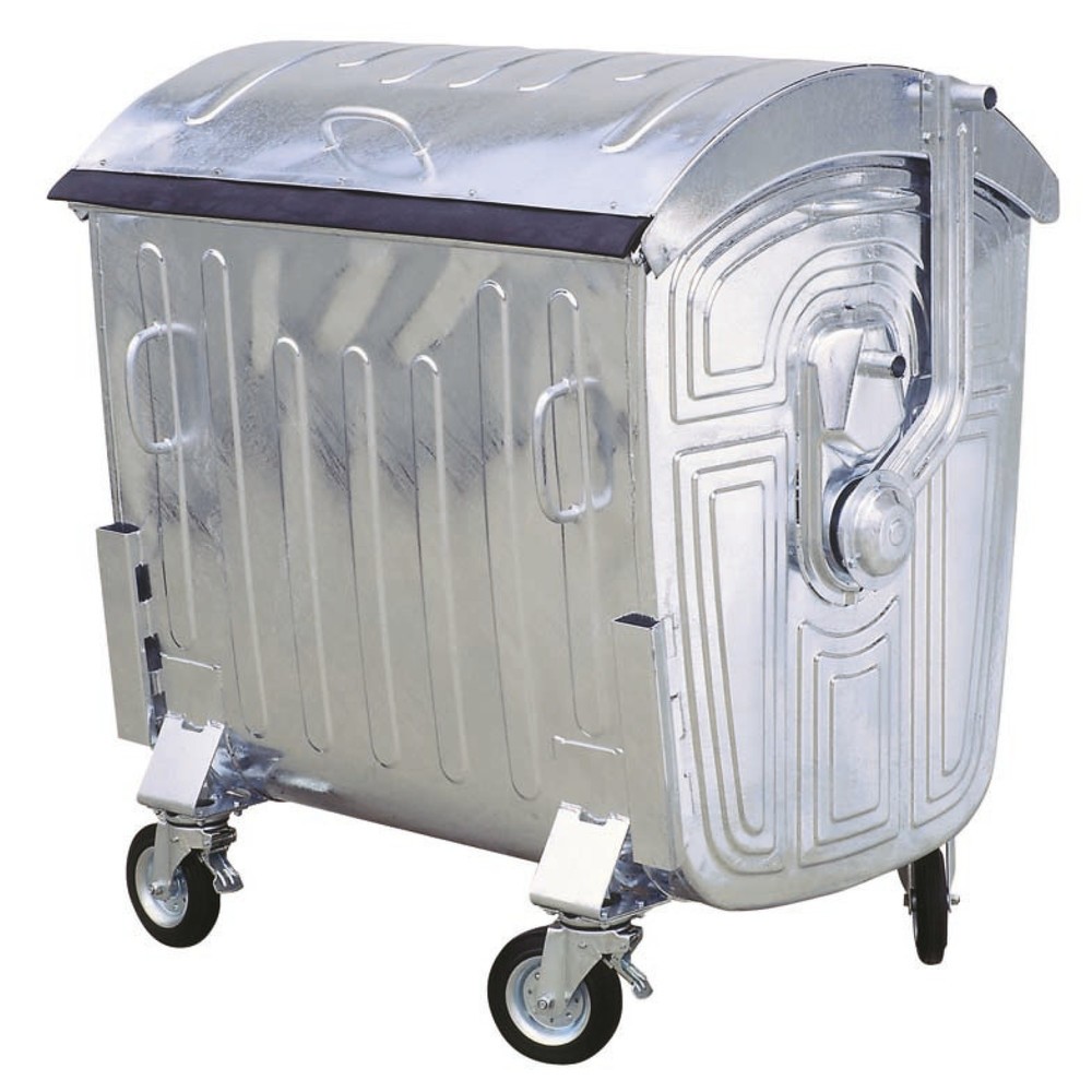 Image of Mobiler Stahl-Müllgrossbehälter mit 1.000 l Volumen für den Innen- und Aussenbereich Dieser Müllcontainer eignet sich zur Sammlung und Abfuhr von Arbeitswertstoffen sowie Restabfällen aus Mehrfamilienhäusern, Industrie, Gewerbe und Handel. Gefertigt aus f