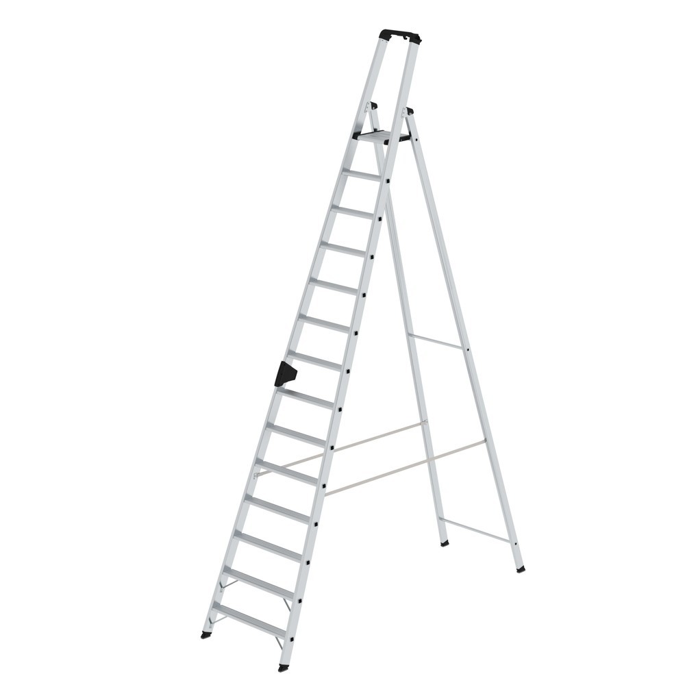 Image of Alu-Vielzweckleiter mit 1-seitigem Aufstieg und praktischen Ablagemöglichkeiten Mit dieser 1-seitig begehbaren Stufen-Stehleiter erledigen Sie Ihre Arbeit schnell, sicher und effizient. In den Sicherheitsbügel ist eine Kunststoff-Ablageschale mit Eimerhak