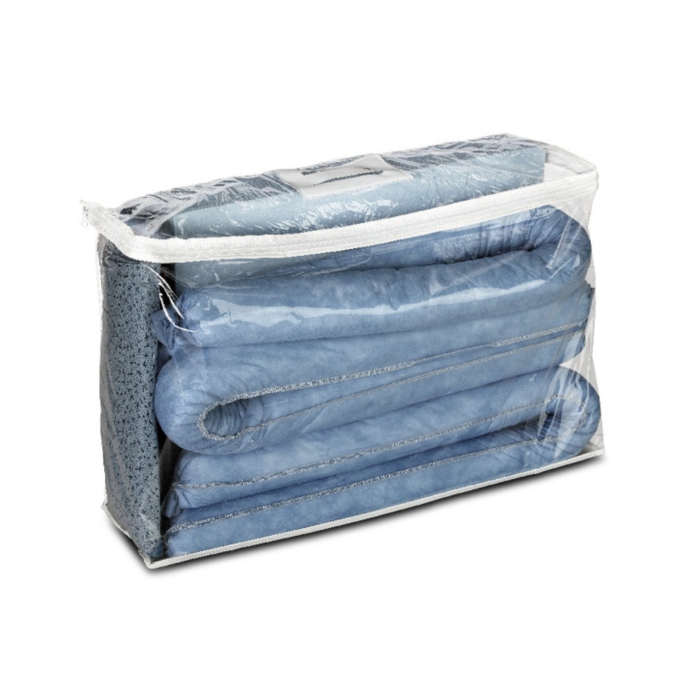 Image of Zur schnellen Beseitigung von Öl Überall dort, wo ölhaltige oder chemische Flüssigkeiten gelagert oder transportiert werden, können Leckagen oder Tropfverluste grosse Schäden verursachen. Das Nofall-Set für Öle, Aufnahmekapazität 50 Liter wurde konzipiert