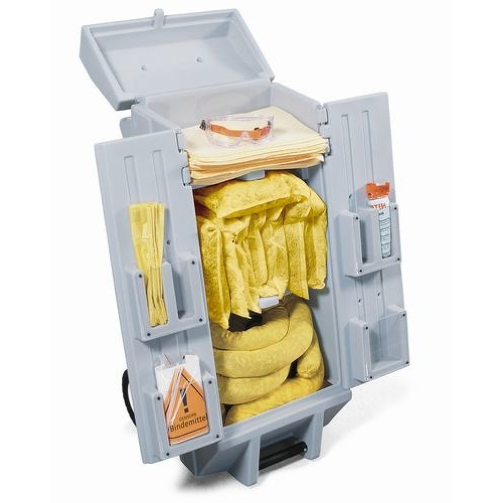 Image of Mobiles Notfall-Set im Transportwagen Typ B – hilft beim Beseitigen von Flüssigkeitsunfällen im Innenbereich Wenn Öl aus Fässern tropft oder Mitarbeiter beim Abfüllen Lauge verschütten, hilft Ihnen das Notfall-Set im Transportwagen Typ B in verschiedenen 