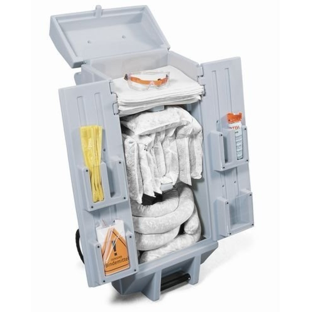 Image of Mobiles Notfall-Set im Transportwagen Typ B – hilft beim Beseitigen von Flüssigkeitsunfällen im Innenbereich Wenn Öl aus Fässern tropft oder Mitarbeiter beim Abfüllen Lauge verschütten, hilft Ihnen das Notfall-Set im Transportwagen Typ B in verschiedenen 