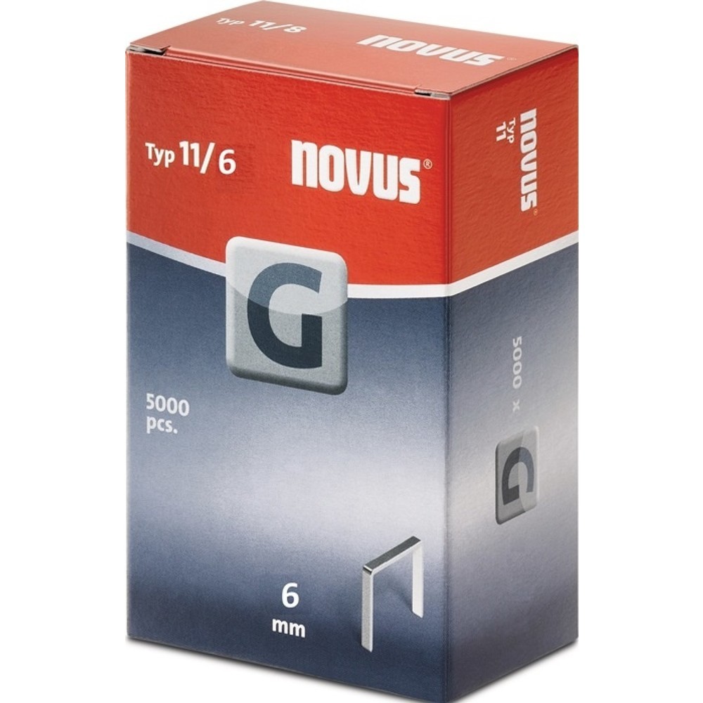 Image of  verzinkt VE = 1 PackNOVUS Flachdrahtklammer G Typ 11, Drahtbreite 1,25 mm, B10,6xL6mm, 5000St./Pack. NOVUS Flachdrahtklammer G Typ 11, Drahtbreite 1,25 mm, B10,6xL6mm, 5000St./Pack.