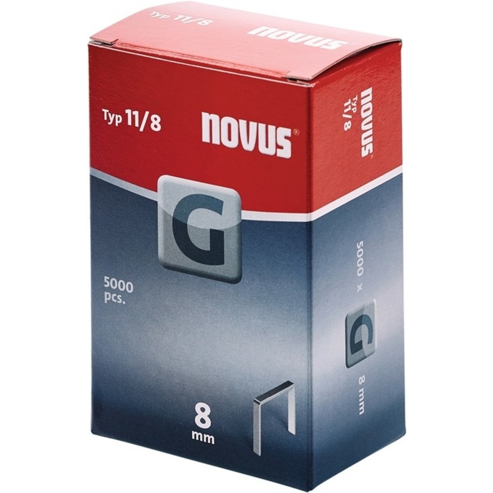 Image of  verzinkt VE = 1 PackNOVUS Flachdrahtklammer G Typ 11, Drahtbreite 1,25 mm, B10,6xL8mm, 5000St./Pack. NOVUS Flachdrahtklammer G Typ 11, Drahtbreite 1,25 mm, B10,6xL8mm, 5000St./Pack.