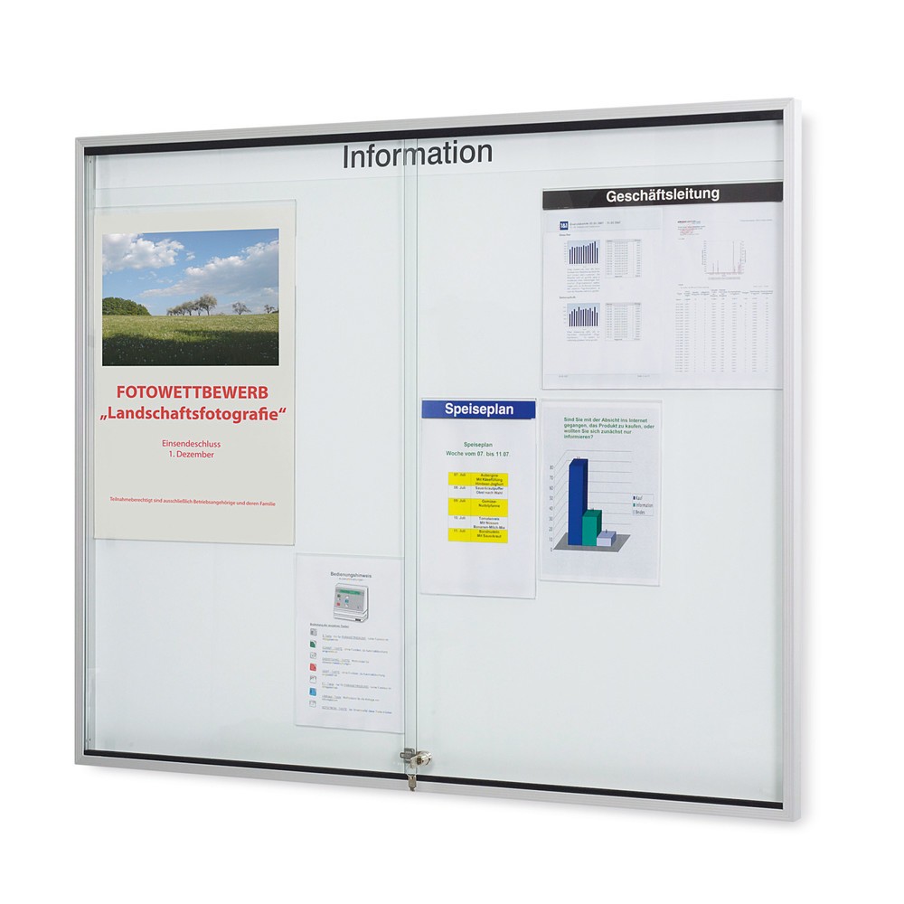 Image of Organisationstafel mit Glasschiebetüren für Klemmfixtaschen oder Magnete Mit der Organisationstafel organisieren Sie Ihren Aushang übersichtlich als Raster in praktischen DIN-Formaten. Das Infoboard besteht aus einer stabilen Aluminiumkonstruktion und ist