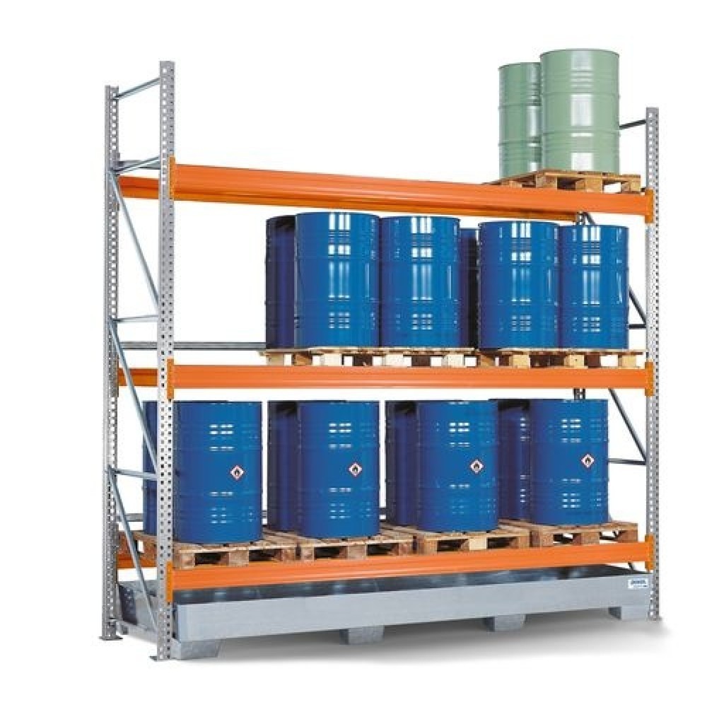 Image of Individuell anpassbares Lagerregal für Euro- oder Chemiepaletten Robust, sicher, gesetzeskonform und variabel erweiterbar: Das Palettenregal PR bietet Ihnen eine stabile und korrosionsfeste Lagermöglichkeit für entzündbare Flüssigkeiten (H224-226) und Sto