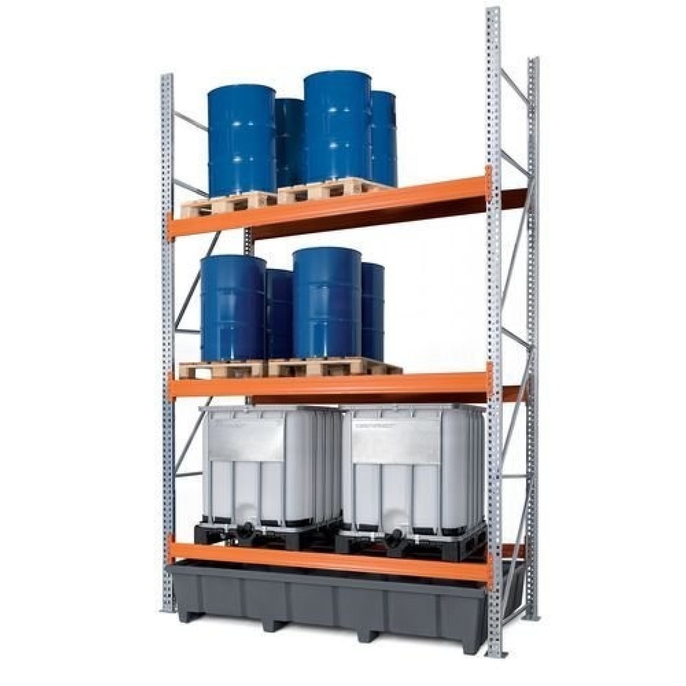 Image of Individuell anpassbares Lagerregal für Euro- oder Chemiepaletten Robust, sicher, gesetzeskonform und variabel erweiterbar: Das Palettenregal PRP bietet Ihnen eine stabile und transportable Lagermöglichkeit für aggressive Chemikalien und Stoffe aller Wasse