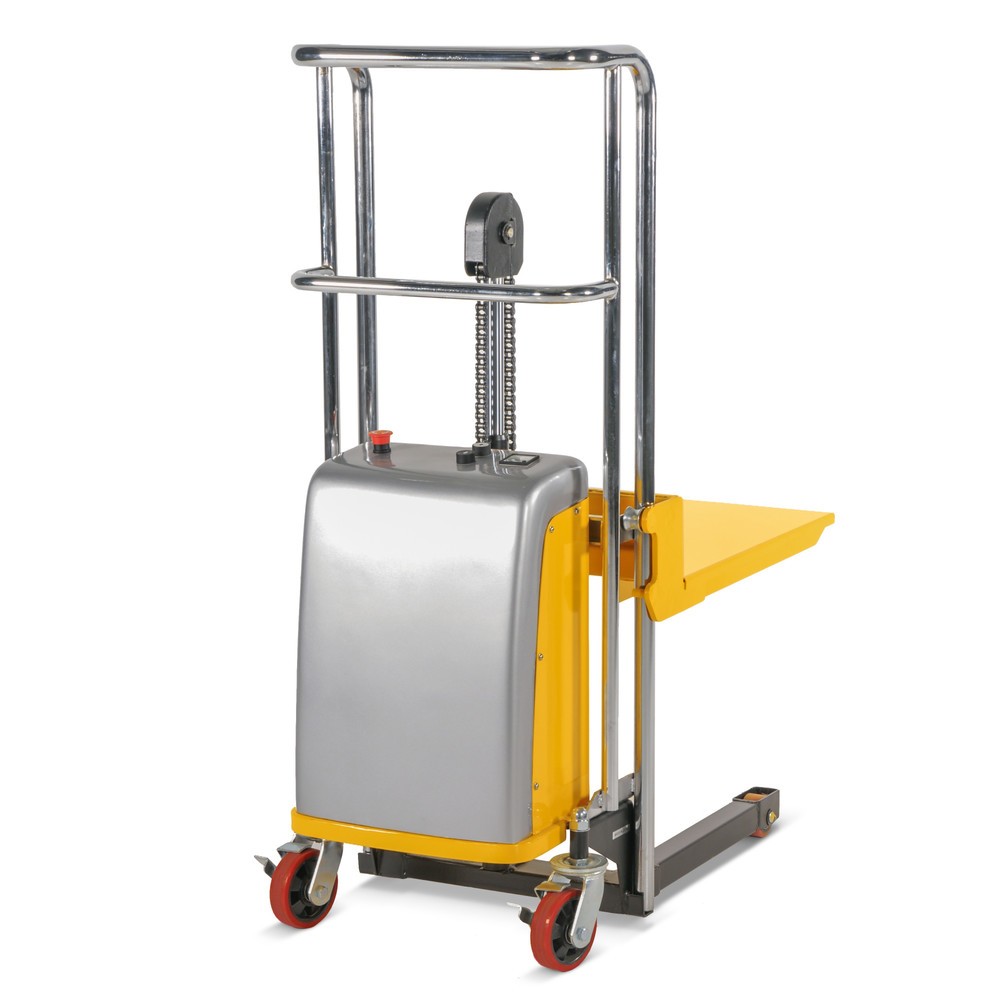 Image of E-Stapler mit Plattform für flexibles Arbeiten Hebewerkzeug, Transportmittel, Verladefahrzeug und Arbeitstisch in einem: Diese Funktionalität bietet Ihnen der elektrische Plattform-Stapler. Neben dem Anheben von Paletten und dem Absenken von Lasten kann d