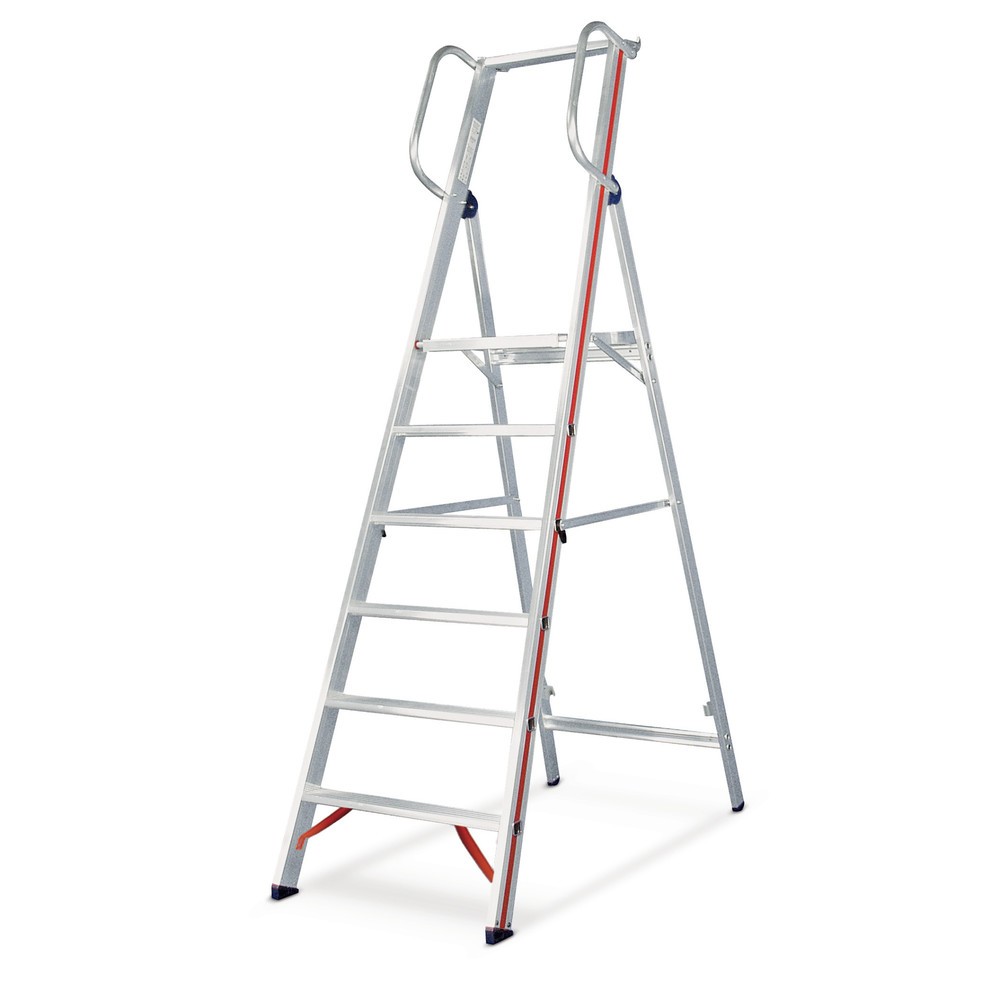 Image of Sicheres Arbeiten in der Höhe mit der Plattformleiter HYMER 1-seitig Ob zum Einräumen von hohen Regalen, zum Reparieren der Deckenlampe oder zum Streichen der Wände: Die Leitern von HYMER ermöglichen sicheren Stand bei allen Arbeiten in der Höhe. Auf der 