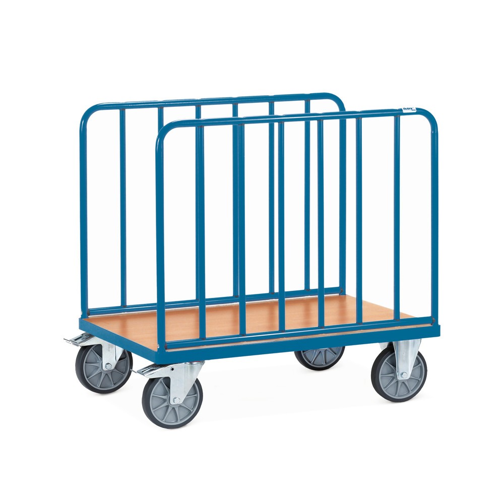 Image of Plattformwagen fetra®, 2-seitig mit Längswänden aus vertikalen Rohrstreben Im laufenden Betrieb werden Waren zum Teil auch vor den Augen der Kunden transportiert. Der Plattformwagen fetra® mit Holzwerkstoffplatte in Buchendekor verfügt über ein modernes D
